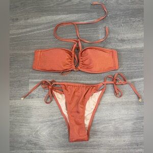Victoria's Secret Orange Shimmer Bandeau Strapy Bikini Set -Gold Hardware -Small